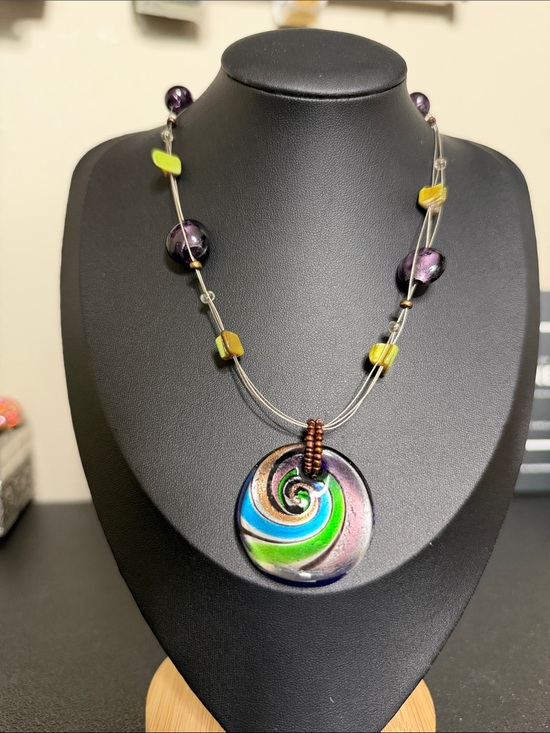 Source Unknown Jewelry - Multicolor Swirl Dichroic Glass Pendant Shell Necklace Green, Blue & Purple